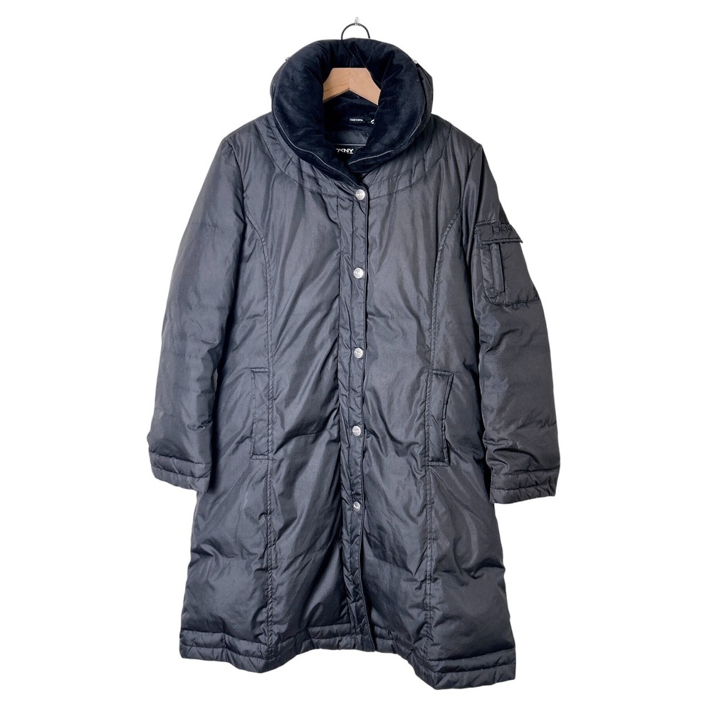 DKNY Womens Long Quilted Down Puffer Snap Front Hooded Coat Size M Black Winter